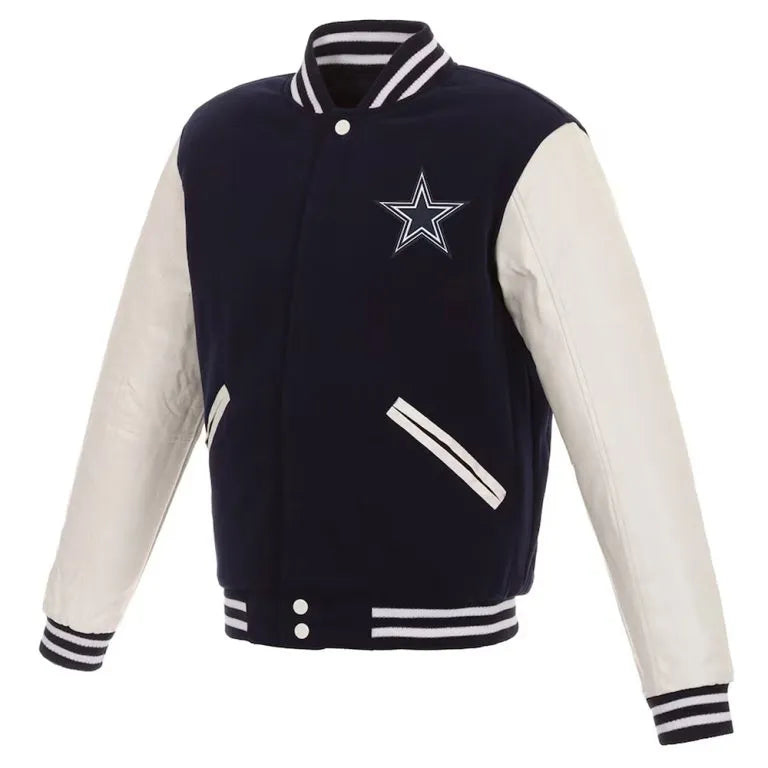 Dallas Cowboys Navy Blue Wool & White Genuine Leather Sleeves Men's Varsity Jacket