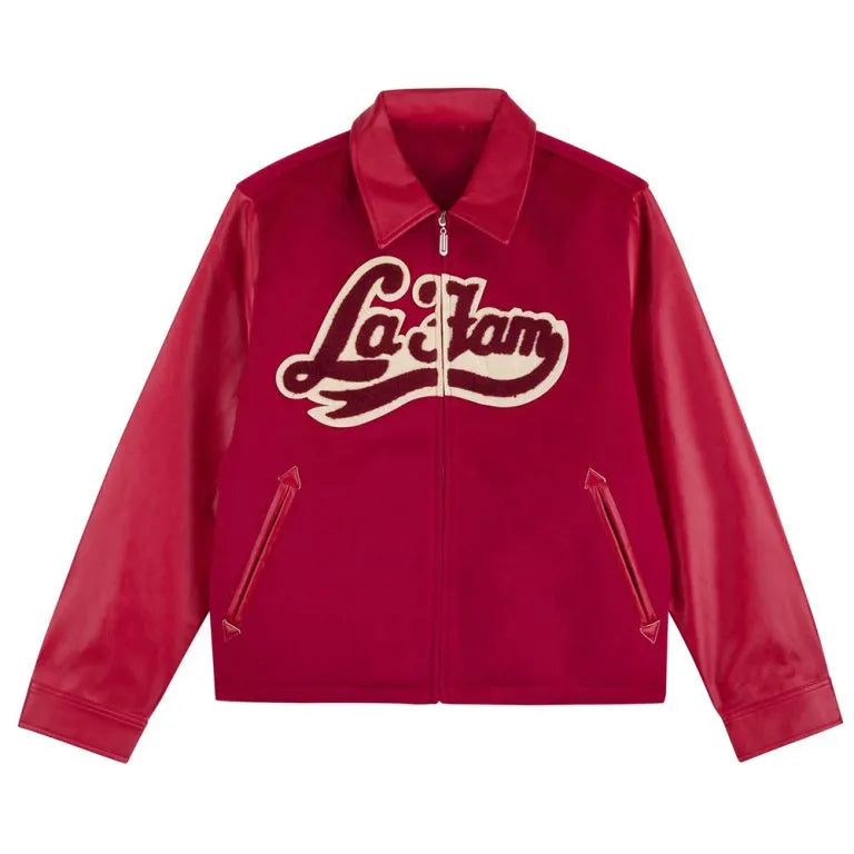 La Fam Full-Zip Red Wool & Genuine Leather Sleeves Men's Letterman Varsity Jacket