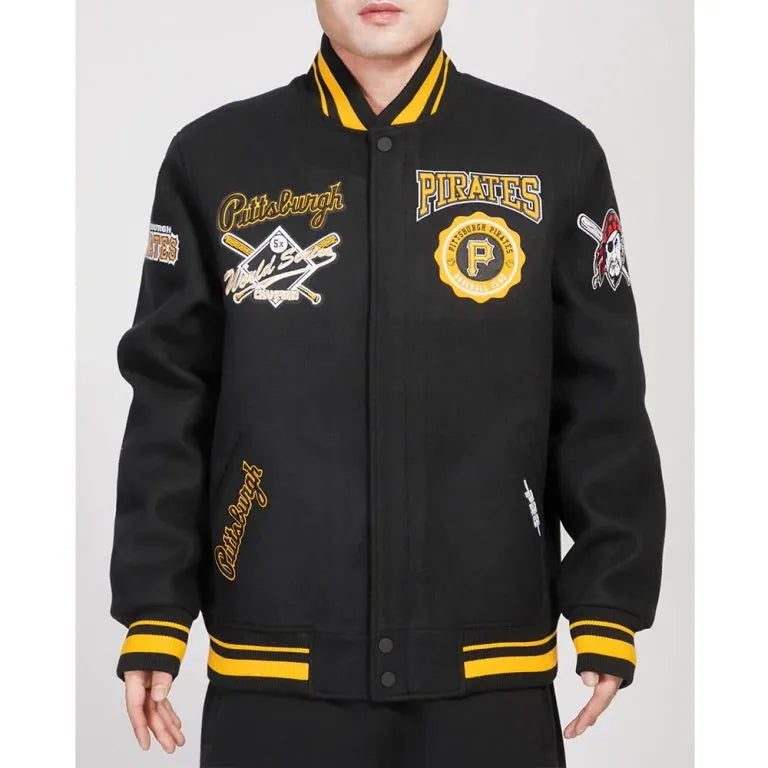 Pittsburgh Pirates Crest Emblem Varsity Full-Snap Black Wool & Leather Men's Jacket