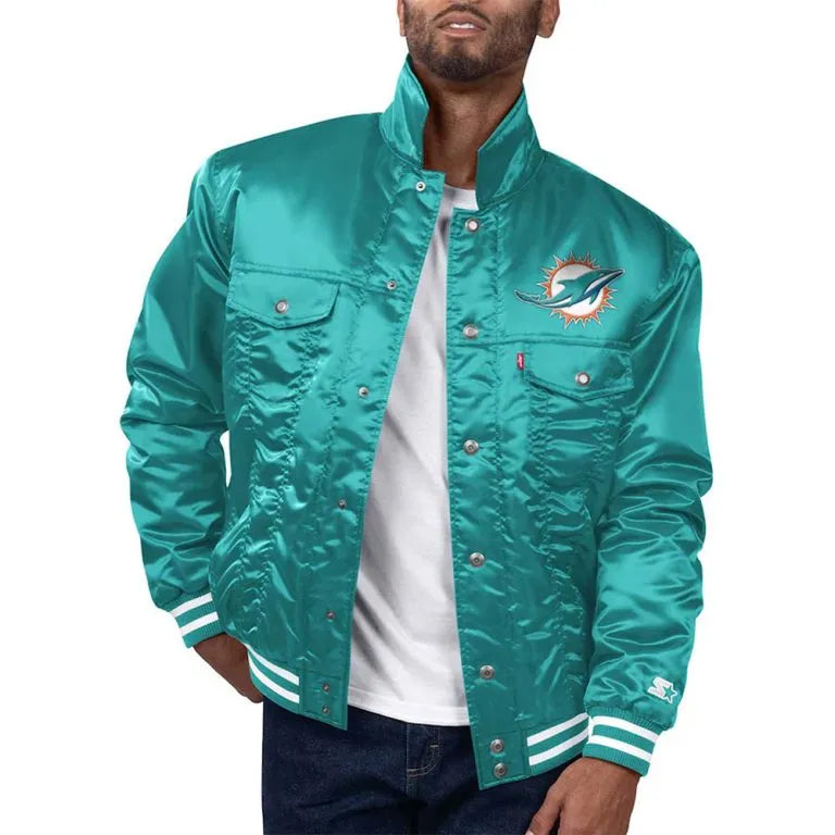 Miami Dolphins Silver Tab Trucker Full-Snap Varsity Aqua Satin Men's Bomber Jacket
