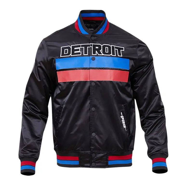 Detroit Pistons Statement Edition Classic Full-Snap Varsity Black Satin Men's Bomber Jacket