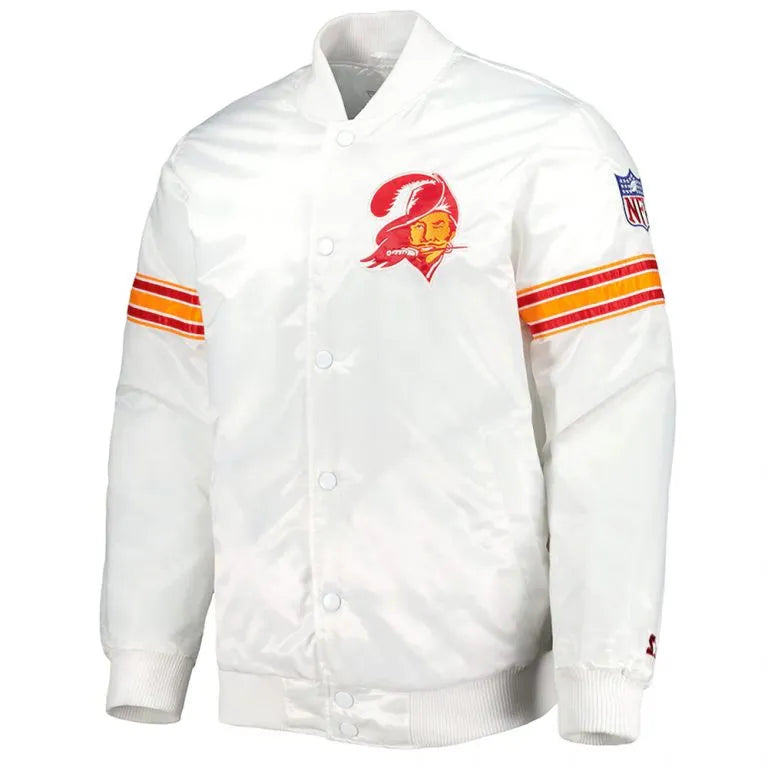 Tampa Bay Buccaneers The Power Full-Snap Varsity White Satin Men's Bomber Jacket