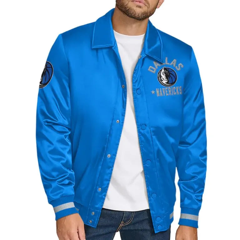 Dallas Mavericks Stitch Applique Full-Snap Varsity Blue Satin Men's Bomber Jacket