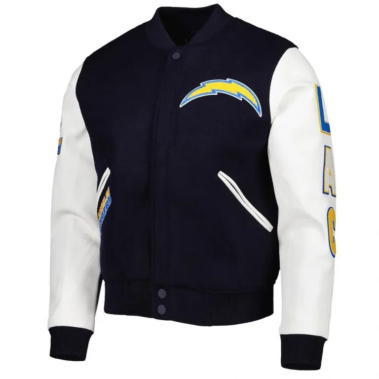 Los Angeles Chargers Logo Navy Blue Wool and White Genuine Leather Sleeves Men's Varsity Letterman Jacket