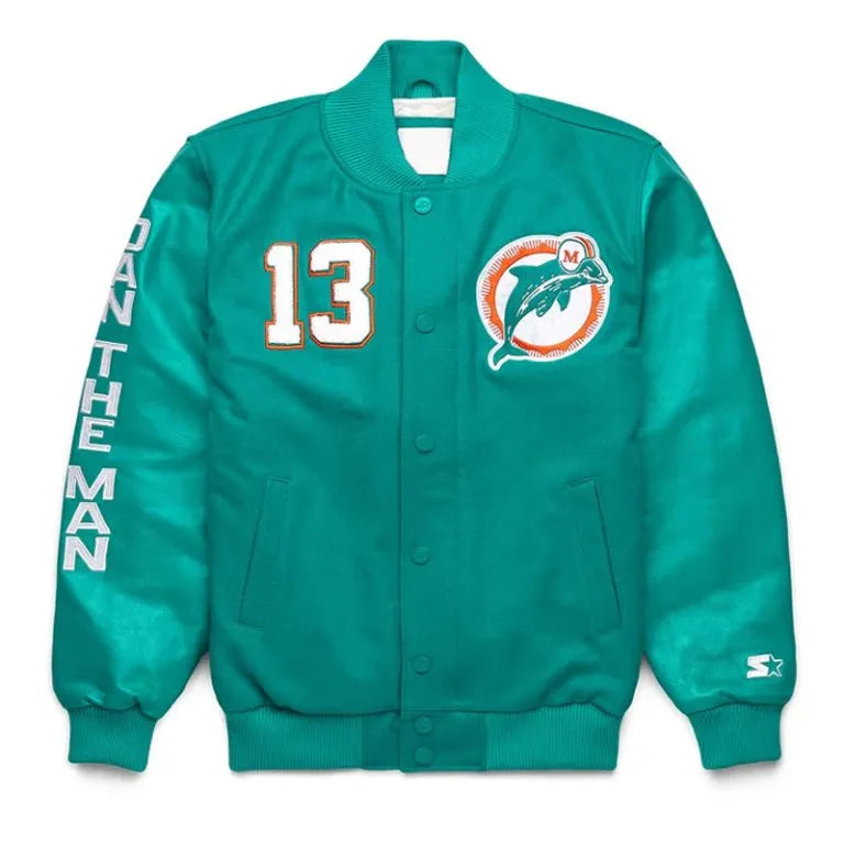 Miami Dolphins Dan Marino Goat Aqua Wool and Genuine Leather Sleeves Men's Varsity Letterman Jacket