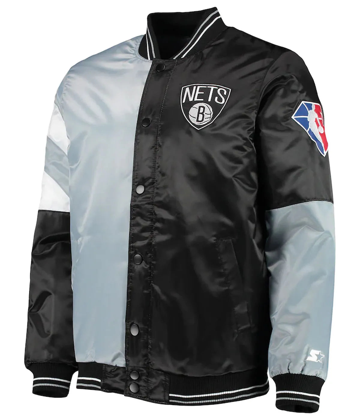 Brooklyn Nets Leader Full-Snap Varsity Gray & Black Satin Men's Bomber Jacket