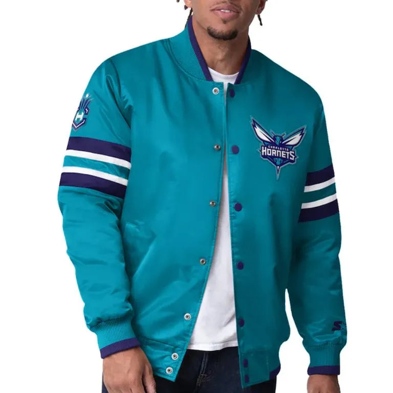Charlotte Hornets Scout I Full-Snap Varsity Teal Satin Men's Bomber Jacket