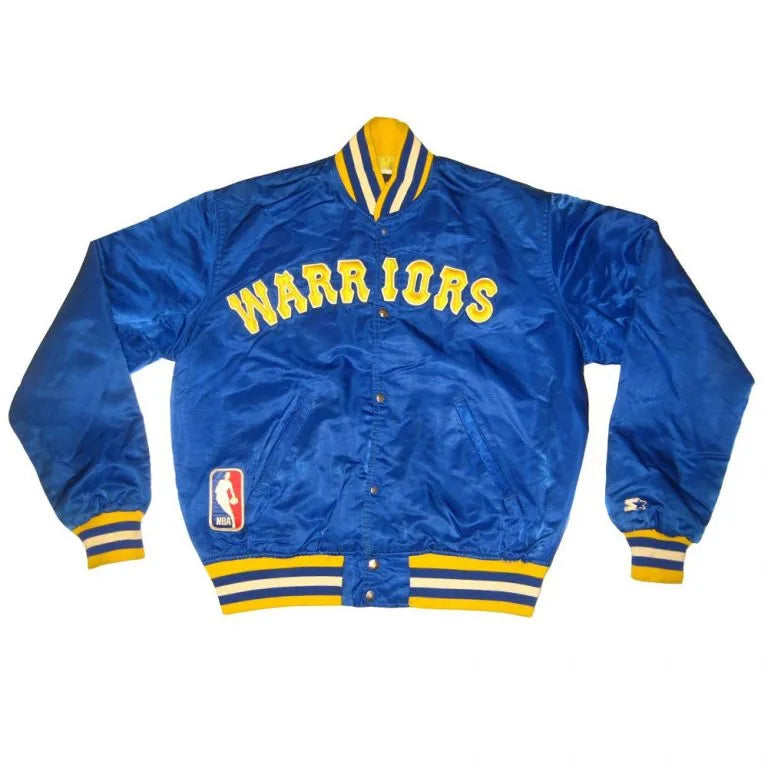 90s NBA Golden State Warriors Full-Snap Varsity Royal Blue Satin Men's Bomber Jacket