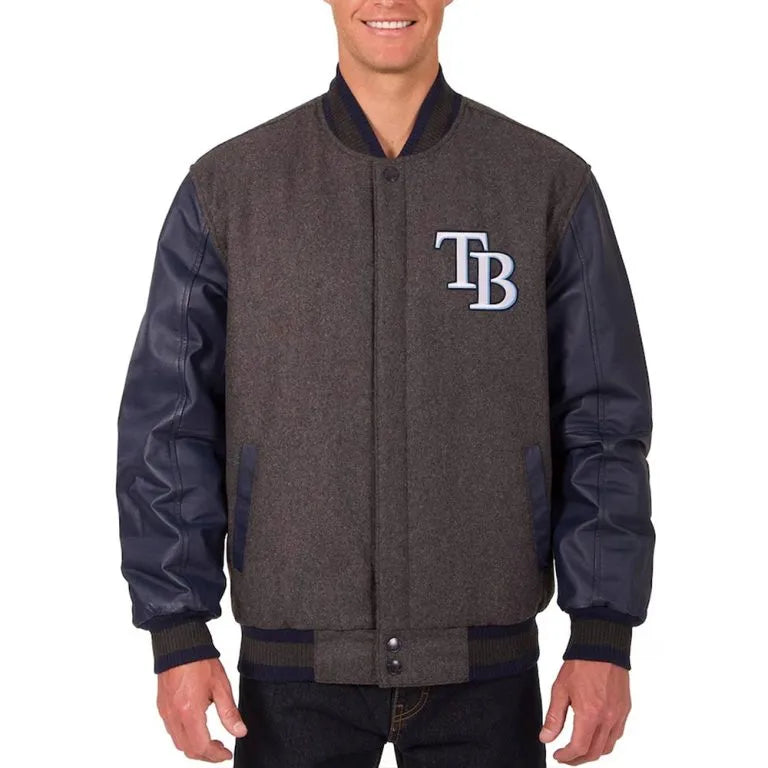 Tampa Bay Rays Charcoal Wool & Navy Blue Leather Sleeves Varsity Men's Jacket