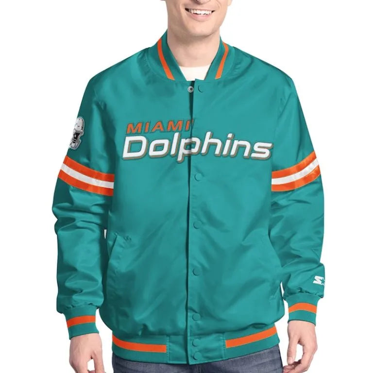 Miami Dolphins Scout Full-Snap Varsity Aqua Satin Men's Bomber Jacket