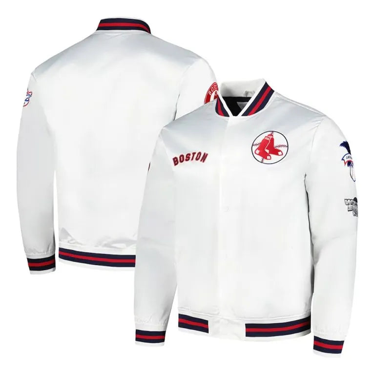 Boston Red Sox City Collection Full-Snap White Satin Men's Bomber Jacket