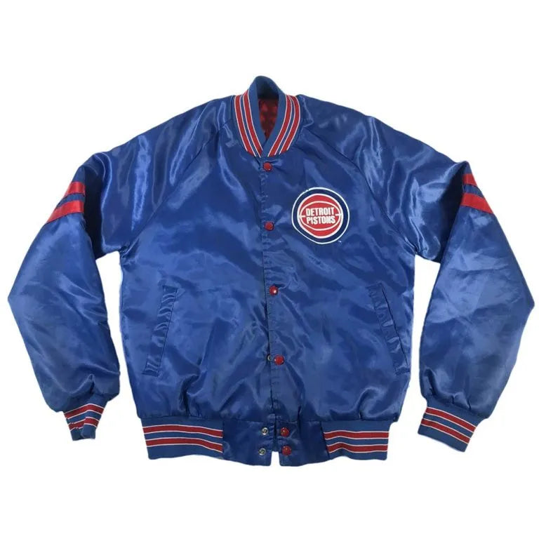Detroit Pistons Pick and Roll Full-Snap Varsity Blue Satin Men's Bomber Jacket