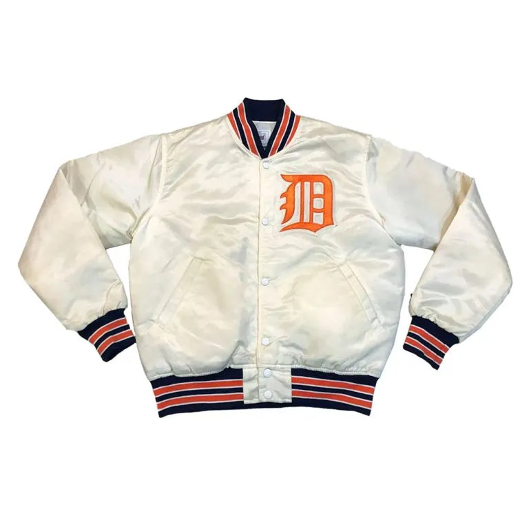 80’s Detroit Tigers Full-Snap White Satin Bomber Men's Jacket