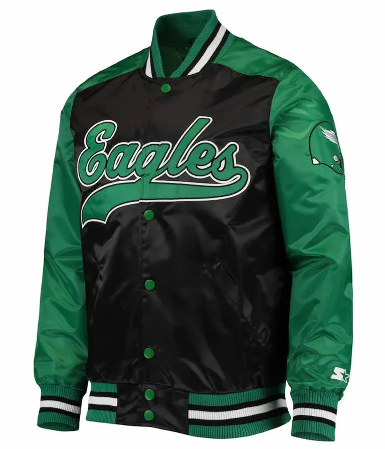 Philadelphia Eagles The Tradition II Team Full-Snap Varsity Green and Black Satin Men's Bomber Jacket