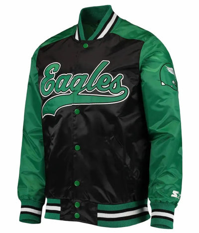 Philadelphia Eagles The Tradition II Team Full-Snap Varsity Green and Black Satin Men's Bomber Jacket