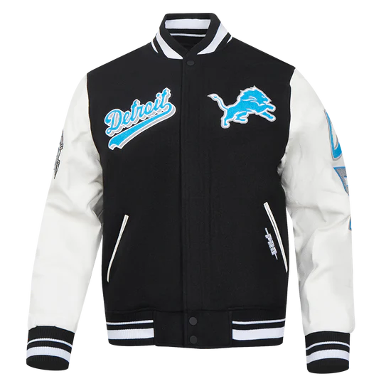 Detroit Lions Script Tail Black Wool & White Genuine Leather Sleeves Men's Varsity Jacket