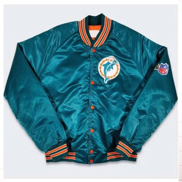 Miami Dolphins Team Full-Snap Varsity Aqua Satin Men's Bomber Jacket