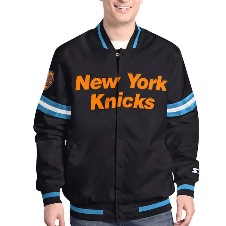 New York Knicks Scout Full-Snap Varsity Blue/Black Satin Men's Bomber Jacket