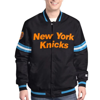 New York Knicks Scout Full-Snap Varsity Blue/Black Satin Men's Bomber Jacket