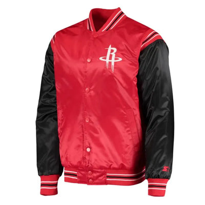 Houston Rockets The Enforcer Full-Snap Varsity Red and Black Satin Men's Bomber Jacket