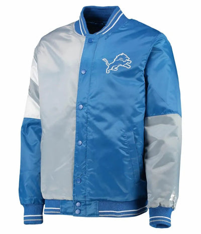 Detroit Lions Leader Full-Snap Varsity Blue and Grey Satin Men's Bomber Jacket