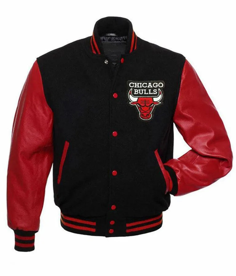 Chicago Bulls Black Wool & Red Genuine Leather Sleeves Men's Varsity Letterman Jacket