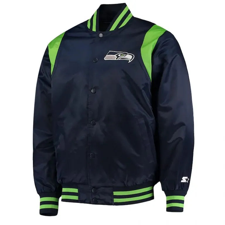 Seattle Seahawks College Prime Time Full-Snap Varsity Navy Blue Satin Men's Bomber Jacket