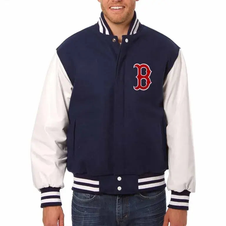 Boston Red Sox Varsity Navy Blue Wool & White Leather Sleeves Men's Jacket