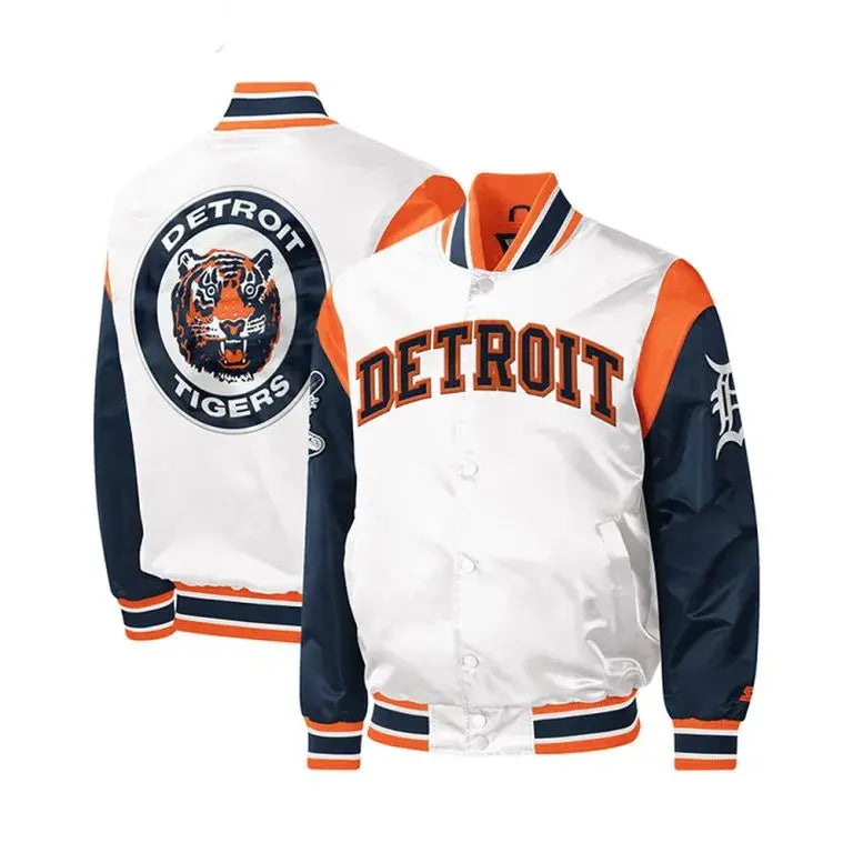 Detroit Tigers Force Play Full-Snap Navy Blue and White Satin Men's Jacket