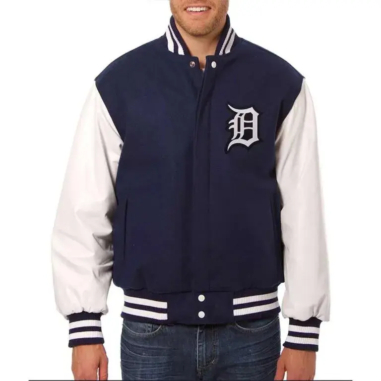 Detroit Tigers Navy Wool & White Leather Sleeves Varsity Men's Jacket