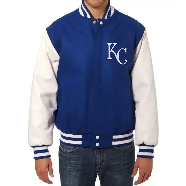 Kansas City Royals Varsity Blue Wool and White Leather Sleeves Men's Jacket