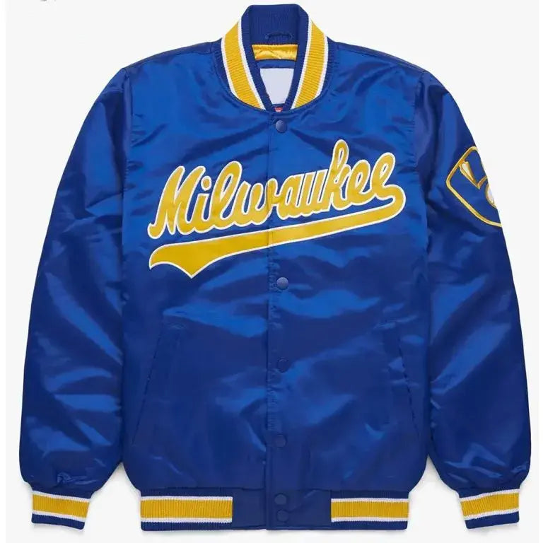 Milwaukee Brewers Bomber Full-Snap Royal Blue Satin Men's Jacket