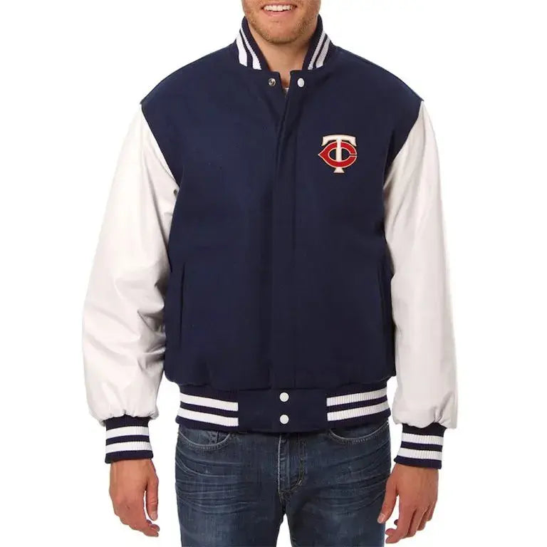 Minnesota Twins Navy Blue Wool & White Leather Sleeves Varsity Men's Jacket
