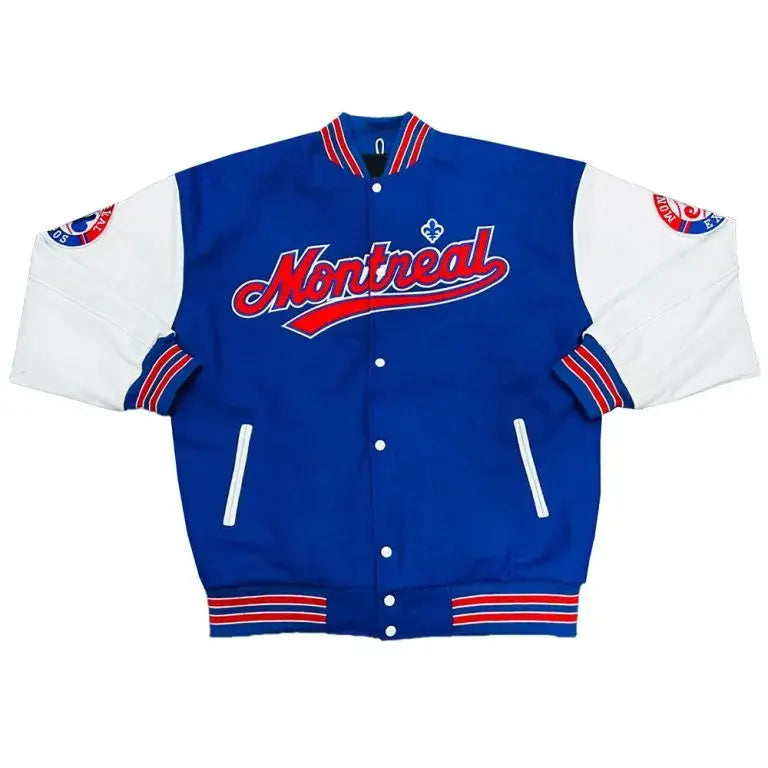Montreal Expos Blue Wool & White Leather Sleeves Full-Snap Varsity Men's Jacket