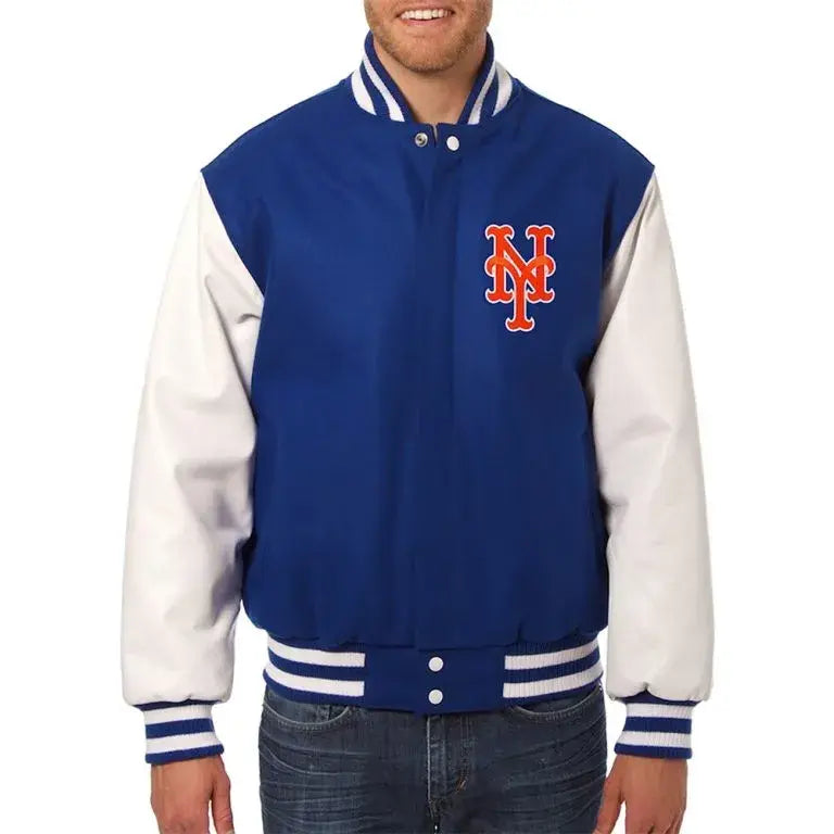 New York Mets Royal Blue Wool & White Leather Sleeves Varsity Men's Jacket