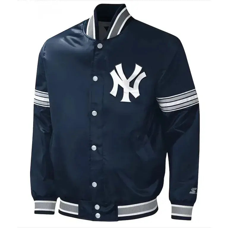 NY Yankees Midfield Full-Snap Navy Blue Satin Varsity Men's Jacket