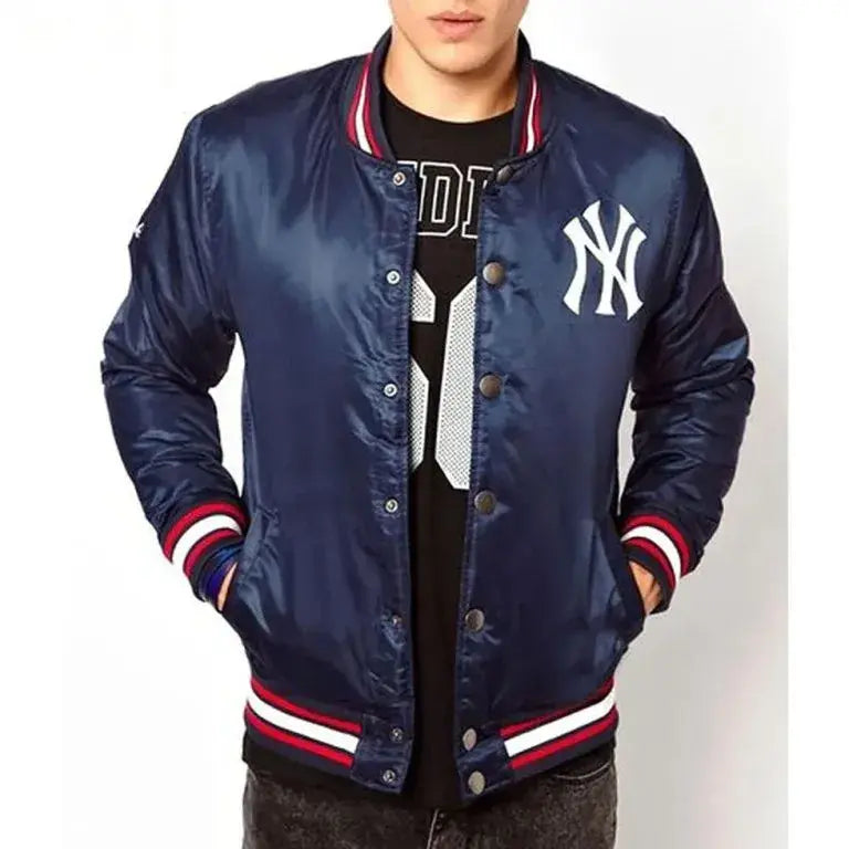 NY Yankees Baseball Full-Snap Navy Blue Satin Men's Jacket