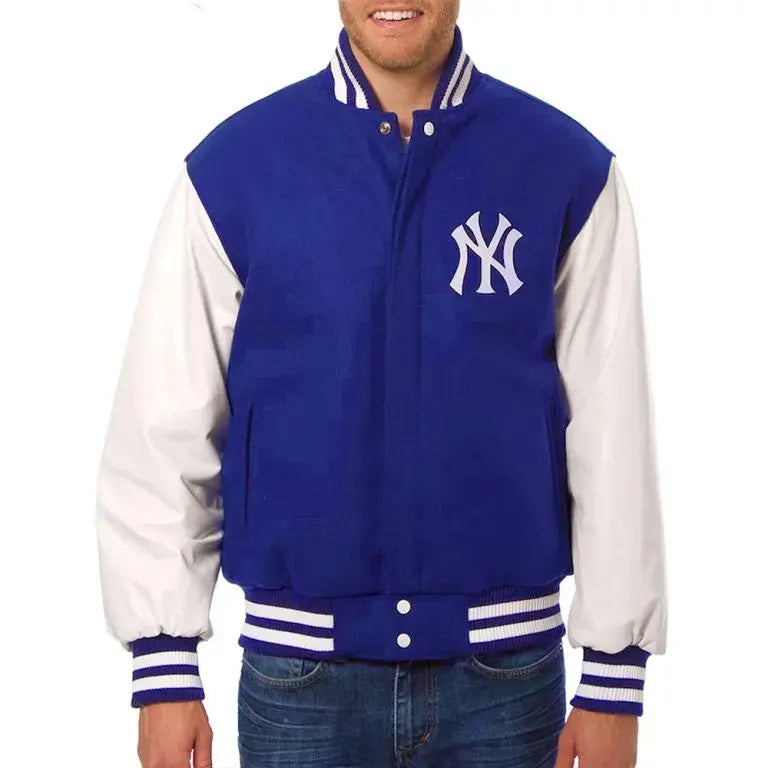 New York Yankees Letterman Varsity Blue Wool & White Leather Sleeves Men's Jacket