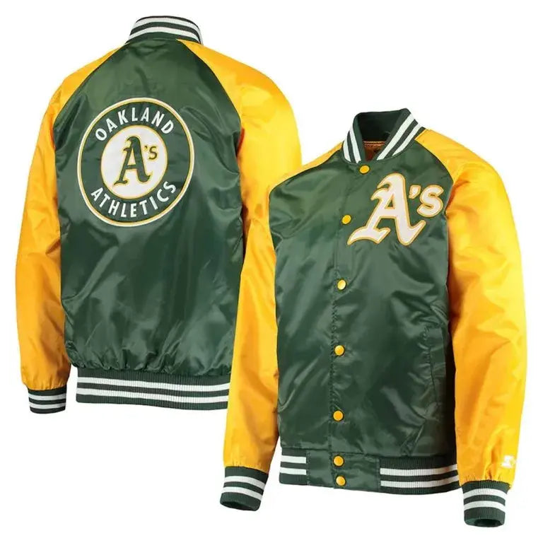 Oakland Athletics Lead Off Full-Snap Varsity Green/Yellow Satin Men's Jacket