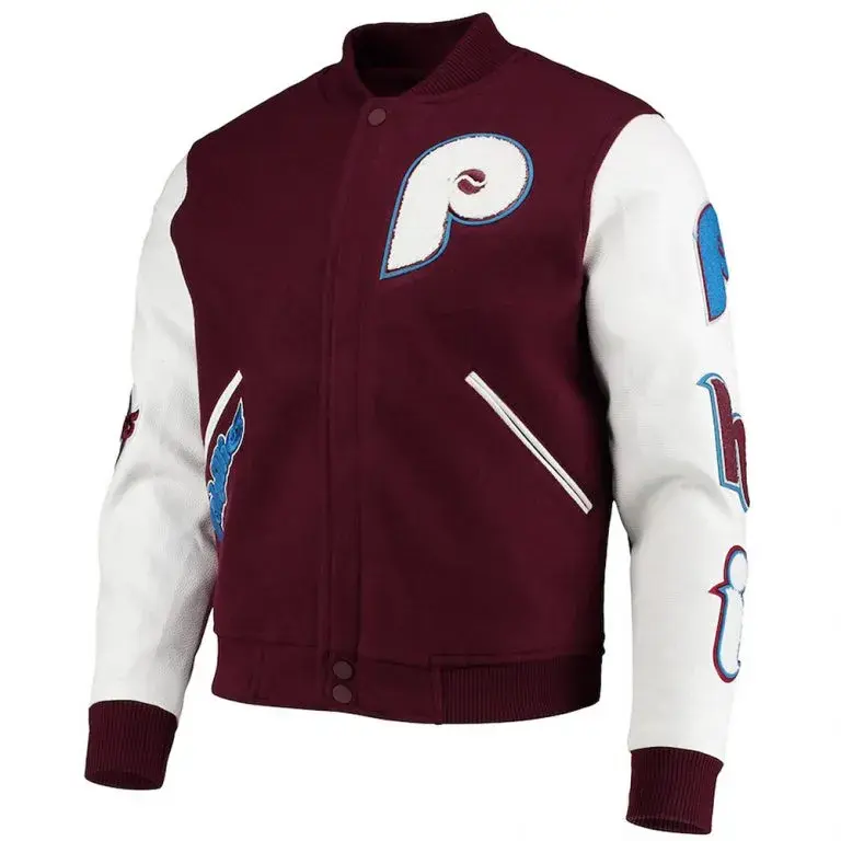 Philadelphia Phillies Burgundy Wool and White Leather Sleeves Varsity Men's Jacket