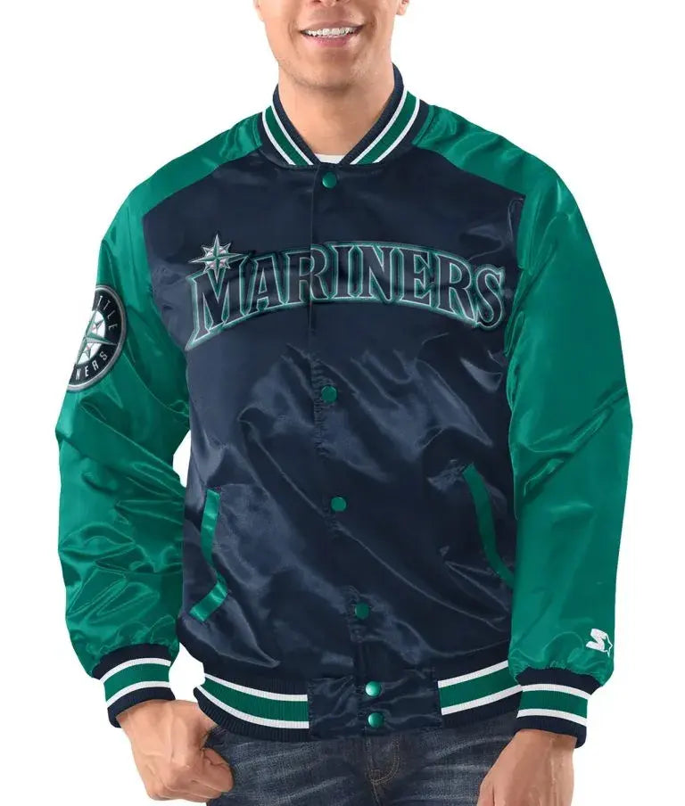 Seattle Mariners Dugout Varsity Full-Snap Navy Blue & Teal Satin Men's Jacket