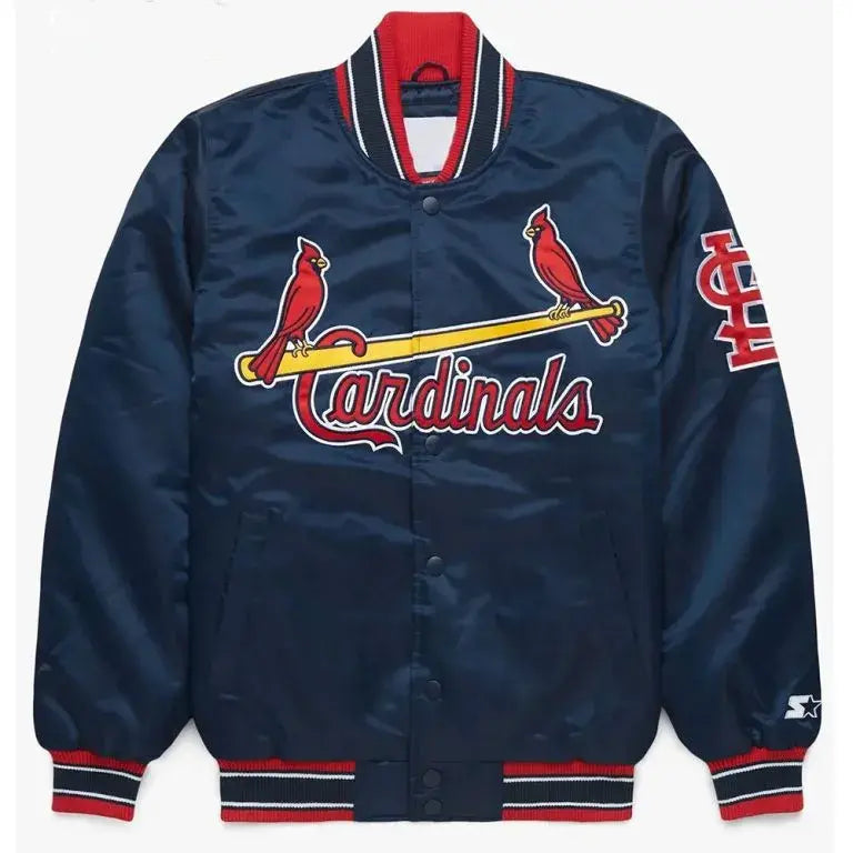 X St. Louis Cardinals Full-Snap Navy Blue Satin Bomber Men's Jacket