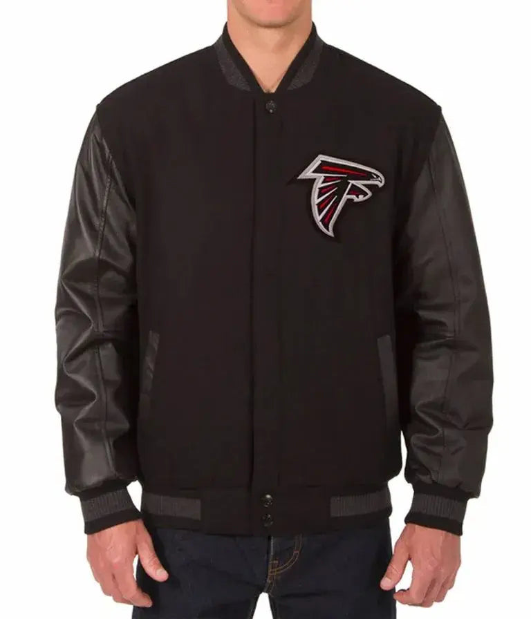 Atlanta Falcons Varsity Black Wool & Genuine Leather Sleeves Men's Bomber Jacket