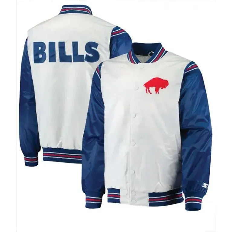 Buffalo Bills Full-Snap Varsity Blue and White Satin Men's Bomber Jacket