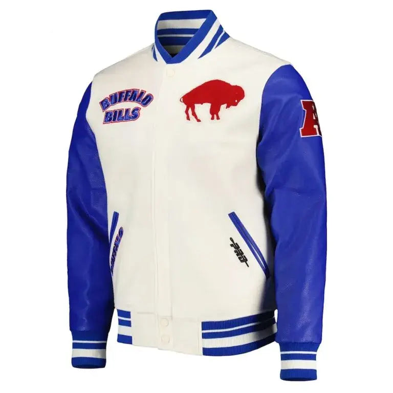 Buffalo Bills Cream Wool and Blue Leather Sleeves Varsity Men's Letterman Jacket