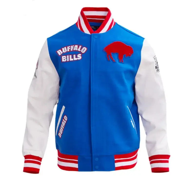 Buffalo Bills Royal Blue Wool and White Leather Sleeves Varsity Men's Letterman Jacket