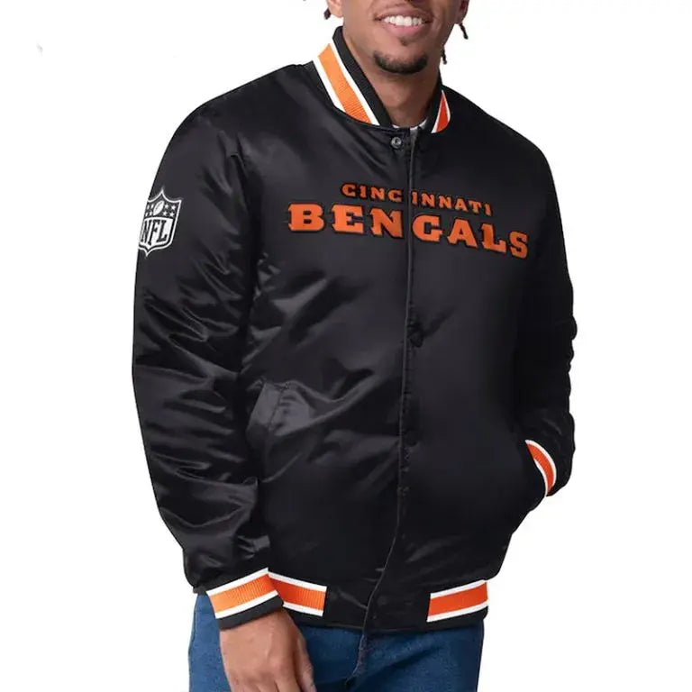 Cincinnati Bengals Full-Snap Varsity Black Satin Men's Bomber Jacket