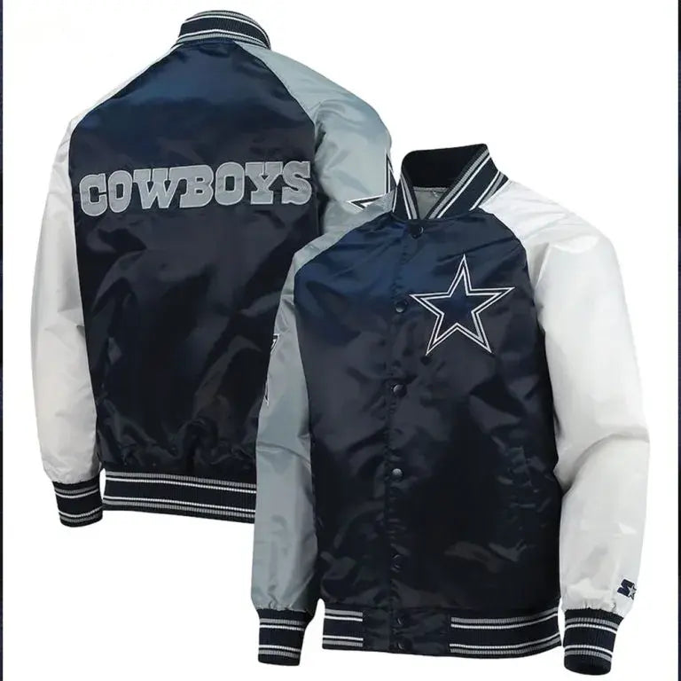 Dallas Cowboys The Tradition II Full-Snap Varsity Blue and Grey Satin Men's Bomber Jacket
