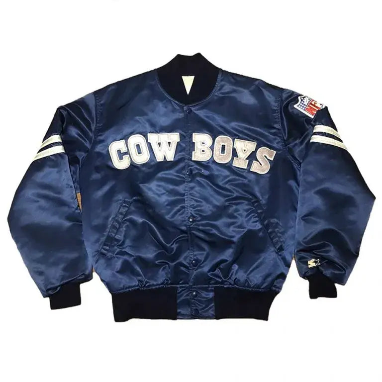 90’s Dallas Cowboys Full-Snap Varsity Navy Blue Satin Men's Bomber Jacket