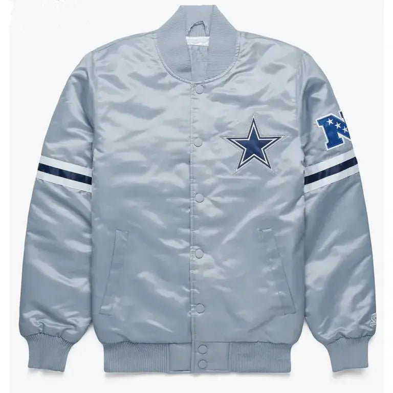 Dallas Cowboys Full-Snap Varsity Gray Satin Men's Bomber Jacket